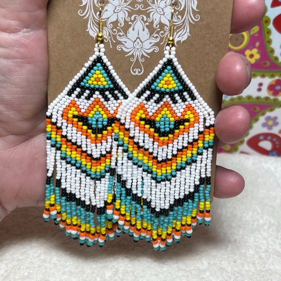 Hand Beaded Long Fringe Earrings Large Southwest Tribal Ethnic Native Indian NWT - Picture 2 of 5
